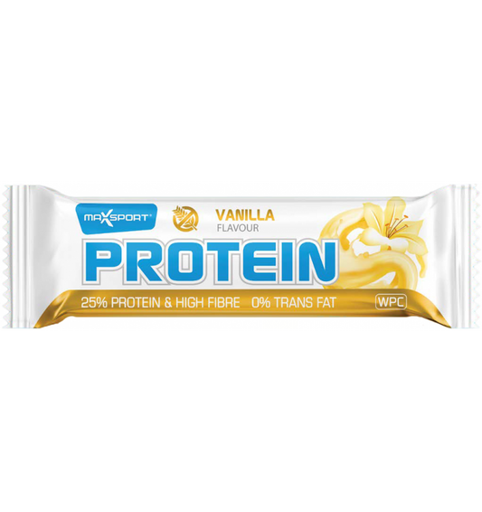 Baton proteic cu vanilie fara gluten in glazura alba 60gr Maxsport