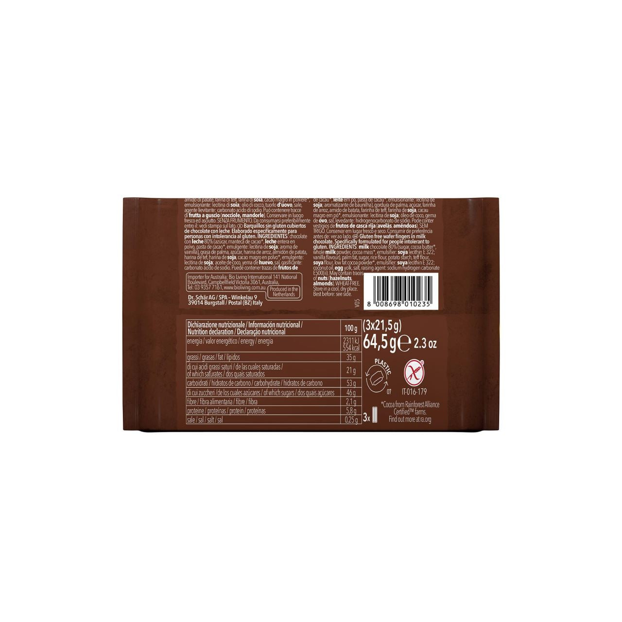 Napolitane invelite in ciocolata fara gluten Twin Bar 3x21gr Schar