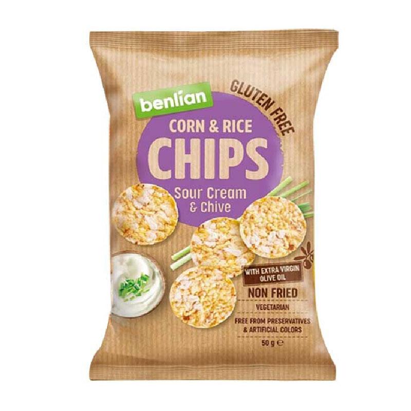 Chips fara gluten de orez brun si porumb cu smantana si arpagic 50gr Benlian