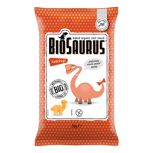 Pufuleti bio fara gluten cu ketchup dinosaur 50gr Biosaurus