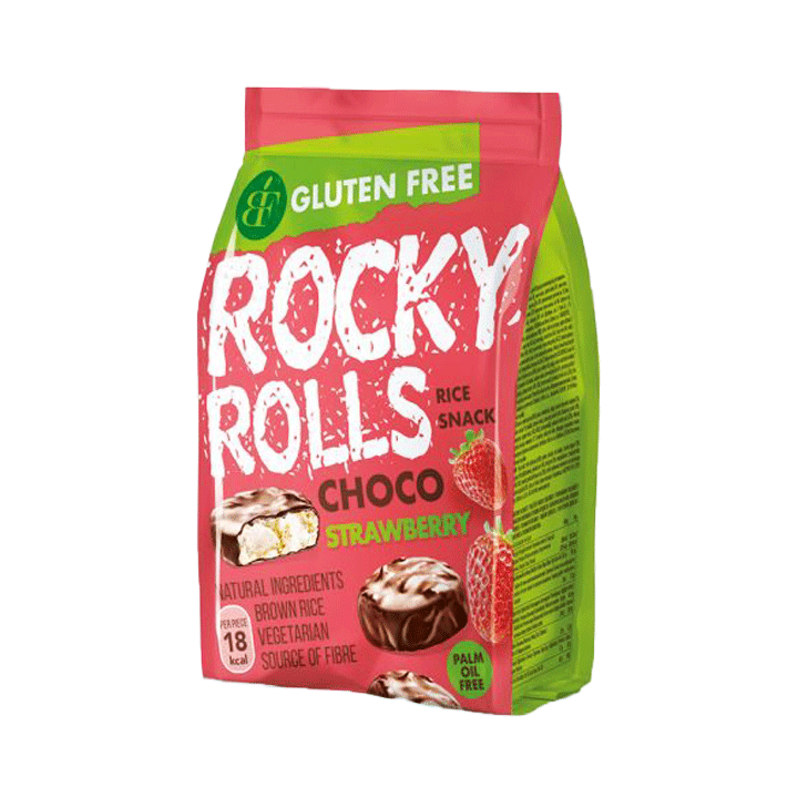 Rondele fara gluten din orez brun expandat cu capsuni si glazura de ciocolata 70gr Rocky Rolls